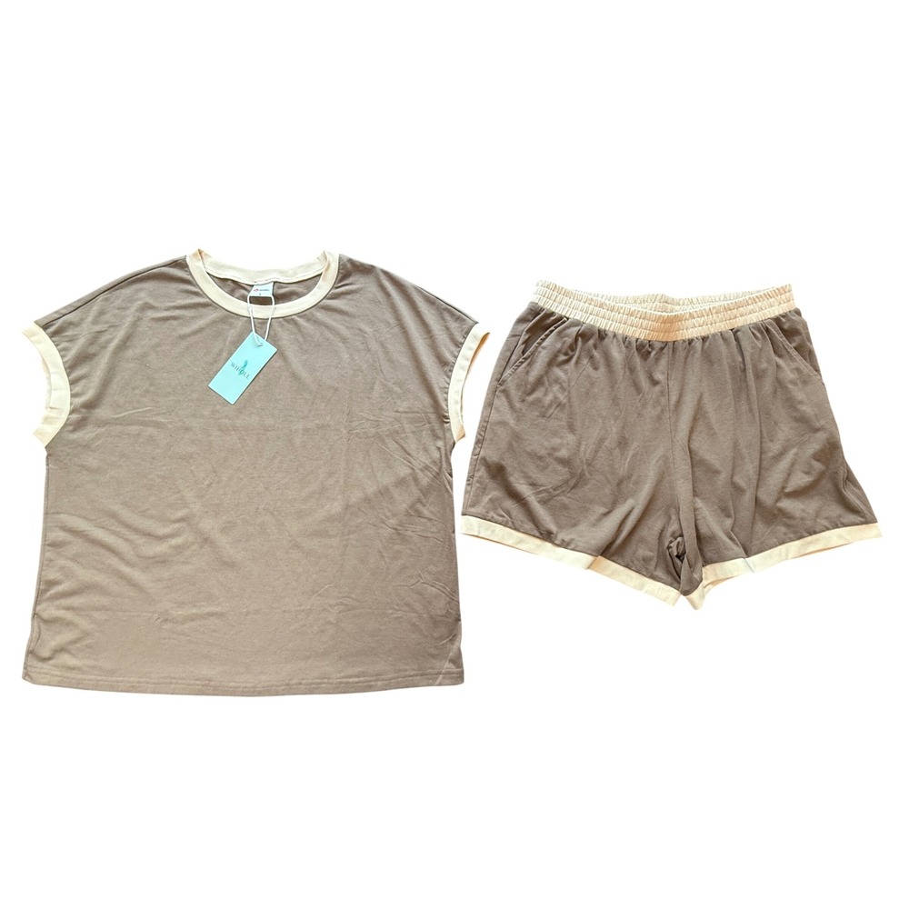 WIHOLL Brown Cream Ringer Tee Dolphin Shorts 2 Piece Matching Set NWT